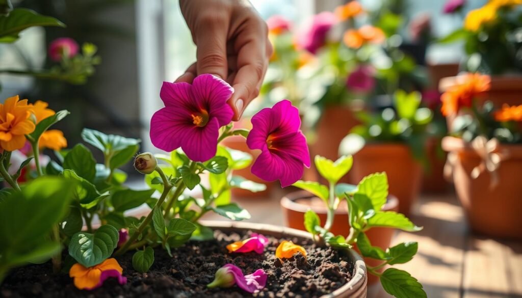 A close-up view of a gardener's hands gently deadheading vibrant flower blooms, focusing on the delicate petals being removed. The foreground features bright, colorful petals like petunias and marigolds, with some fallen on the rich, dark soil below. The middle ground showcases lush green leaves, emphasizing the health of the plant, while the background blurs softly, depicting a warm, sunlit indoor garden space filled with potted flowers. Soft, natural lighting filters through a nearby window, creating a calming atmosphere reminiscent of a serene afternoon. The composition captures the essence of nurturing plant care and the delicate process of maintaining flowering plants, adding a touch of tranquility and connection to nature.