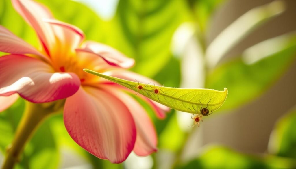 A close-up view of a healthy indoor flower, with delicate petals showcasing vibrant colors, set against a softly blurred background of lush green leaves. In the foreground, tiny spider mites are illustrated with fine detail, clinging to the underside of a leaf, exhibiting their distinctive shape and coloration. The lighting is warm and natural, emulating sunlight filtering through a window, creating gentle highlights that accentuate the texture of the plant and the mites. The atmosphere feels calm yet informative, aiming to convey a sense of curiosity and alertness about these pests. The composition is focused, encouraging viewers to engage with the intricate details, enhancing the understanding of spider mite infestations in indoor plants.