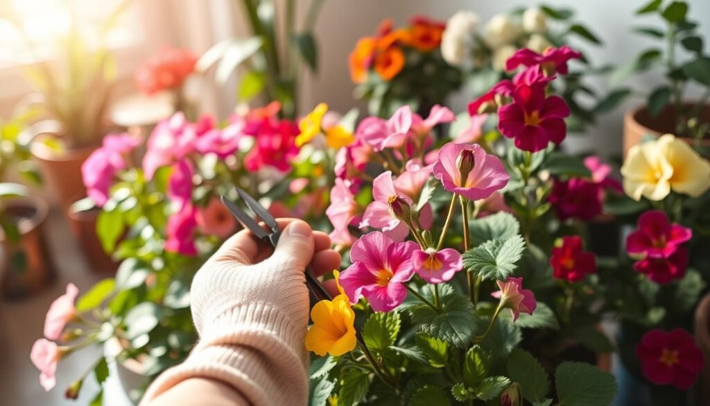 A close-up view of a person gently deadheading vibrant indoor flowering plants, showcasing various blossoms such as petunias and geraniums being trimmed back. The foreground features a pair of hands, wearing modest gardening gloves, carefully removing wilted flowers with pruning shears. In the middle ground, healthy green leaves and colorful blooms radiate life, highlighting the contrast between fresh and faded petals. The background consists of softly diffused natural light pouring in through a nearby window, creating a warm, inviting atmosphere in a cozy indoor setting filled with potted plants. The overall mood conveys a sense of nurturing and care, illustrating the importance of proper plant maintenance for enhanced blooming.
