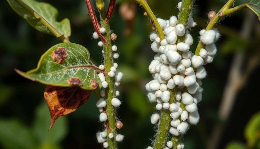 A close-up view of a plant heavily infested with mealybugs, showcasing clusters of cottony white pests on the stems and leaves. In the foreground, focus on the unhealthy, drooping leaves stained with soft, dark patches indicating damage. The middle ground features the mealybugs clinging to the plant, some with a fine dusting of white powder, while others are clustered together. The background fades softly, with blurred greenery to emphasize the infested plant. Utilize natural lighting to create a stark contrast between the healthy greens and the distressed areas of the plant, evoking a sense of urgency and concern. Capture the image from a slightly elevated angle, adding depth and detail to the infestation. The overall mood should reflect the seriousness of plant care.
