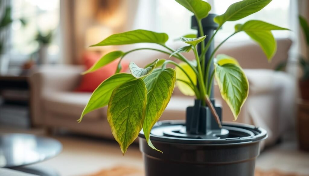 A close-up view of a self-watering pot system, showcasing an indoor flower struggling with overwatering. In the foreground, highlight the vibrant green leaves of a drooping plant with some yellowing edges, suggesting distress. The middle layer features the self-watering pot, visibly including its reservoir and wicking system. The background displays a softly blurred indoor setting, like a cozy living room with soft natural light filtering through a window, enhancing the atmosphere of a warm home. The mood should convey concern and contemplation, inviting viewers to reflect on the pros and cons of self-watering pots. Use a shallow depth of field to focus on the pot and plant while keeping the background slightly out of focus.
