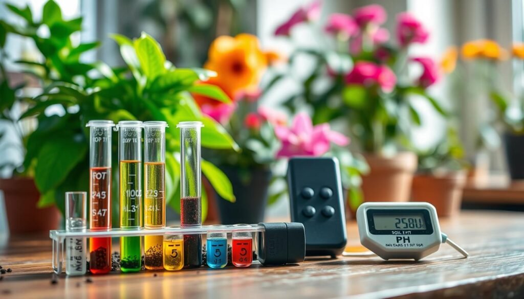A close-up view of a soil pH test kit on a wooden table, with vibrant, healthy indoor flowers in the background. In the foreground, display several test tubes filled with colorful liquid, indicating various pH levels, alongside a digital pH meter. The middle ground features a lush, green potted plant, showcasing rich potting mix, while in the background, soft-focus indoor plants create a serene atmosphere. Gentle, natural lighting streams in from a nearby window, highlighting the textures of the soil and leaves. The overall mood is one of calm and nurturing, emphasizing the importance of soil quality and nutrient uptake for plant health.