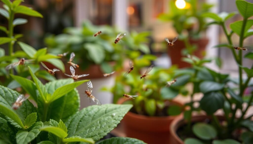 A close-up view of adult fungus gnats amidst indoor plants, showcasing their delicate, small bodies and intricately patterned wings. In the foreground, several gnats hover over lush green leaves, highlighting their fragile, translucent nature. The middle ground features vibrant potted plants with healthy foliage, emphasizing the contrast between the pests and the plants they inhabit. The background includes a softly blurred indoor setting with warm, diffused lighting, conveying a cozy atmosphere. Capture the scene with a macro lens, focusing on the details of the gnats’ features and the plants’ textures. The mood should be alert yet serene, illustrating the challenge of managing indoor pests while maintaining a healthy environment for flowers.