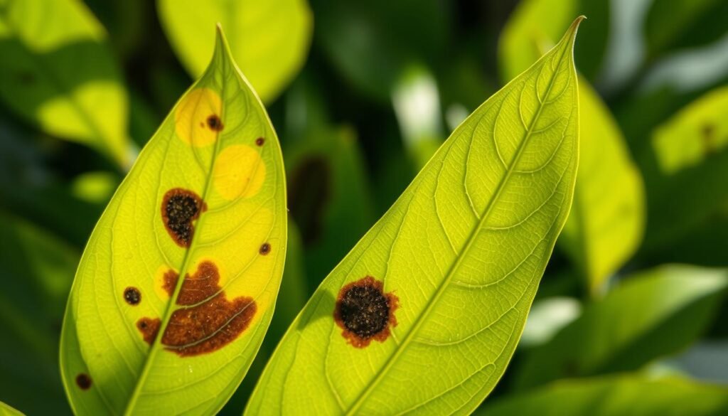 A close-up view of an indoor plant leaf suffering from spots caused by fungal infections. The foreground showcases a single leaf, detailed with various leaf spot patterns, including yellow, brown, and black patches. The texture of the leaf is vivid and clear, revealing its veins and moisture. In the middle ground, there are hints of other leaves starting to show similar symptoms, blurring slightly to emphasize the affected leaf. The background features soft, out-of-focus green foliage, creating a lush atmosphere that reflects the indoor setting. The lighting is bright and natural, mimicking sunlight filtering through a window, highlighting the leaf's imperfections. The mood is clinical yet hopeful, illustrating the importance of immediate care in maintaining plant health.