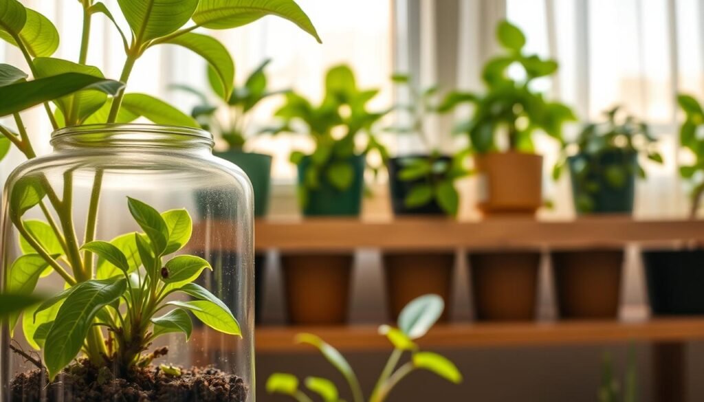 A close-up view of an indoor plant setup specifically designed for containing pest issues, featuring lush green leaves and a few visible mealybugs. In the foreground, a detailed terrarium encapsulates a small plant in a glass container with a tight seal, showcasing a clear delineation of the pest infestation. The middle layer includes eight other healthy potted plants, all neatly arranged on a wooden shelf, demonstrating a vibrant indoor gardening space. The background features a softly illuminated window, allowing natural sunlight to filter through sheer curtains, creating a warm and inviting ambiance. The overall mood is calm and focused, ideal for illustrating a care routine. The scene is photographed from a slightly elevated angle to capture the intricate details of the terrarium and its surroundings.