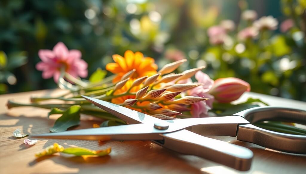 A close-up view of freshly trimmed flower stems and spikes, arranged on a clean, wooden workspace. In the foreground, a pair of sharp gardening shears gleam under soft, natural light, emphasizing the precision required for deadheading. The middle layer features vibrant, colorful flower spikes with their freshly cut ends glistening, surrounded by green leaves and petals scattered artistically. In the background, a blurred garden setting casts a gentle, peaceful atmosphere, with sunlight filtering through greenery, creating a serene bokeh effect. The image conveys a sense of freshness and care, highlighting the meticulous process of maintaining indoor flowers for prolonged blooming. The overall composition exudes an inviting and tranquil mood, perfect for illustrating the importance of proper flower care. A close-up view of freshly trimmed flower stems and spikes, arranged on a clean, wooden workspace. In the foreground, a pair of sharp gardening shears gleam under soft, natural light, emphasizing the precision required for deadheading. The middle layer features vibrant, colorful flower spikes with their freshly cut ends glistening, surrounded by green leaves and petals scattered artistically. In the background, a blurred garden setting casts a gentle, peaceful atmosphere, with sunlight filtering through greenery, creating a serene bokeh effect. The image conveys a sense of freshness and care, highlighting the meticulous process of maintaining indoor flowers for prolonged blooming. The overall composition exudes an inviting and tranquil mood, perfect for illustrating the importance of proper flower care.