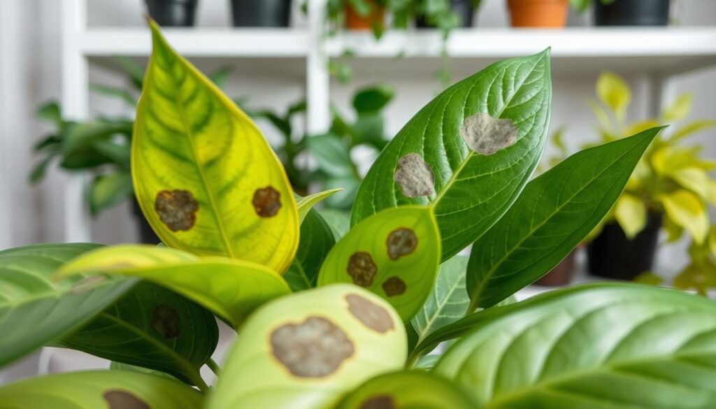 A close-up view of indoor plant leaves with distinct leaf spots caused by fungal issues. In the foreground, focus on a variety of leaves showcasing different types of spots, including yellowing, browning, and moldy patches. In the middle ground, display healthy green leaves to contrast with the affected ones, highlighting the overall health of the plant. The background should softly fade into a blurred indoor setting, hinting at a cozy plant shelf arrangement with soft diffuse lighting that creates a serene atmosphere. Use a macro lens effect to capture fine details of the leaf texture and spots, evoking a sense of urgency in plant care.