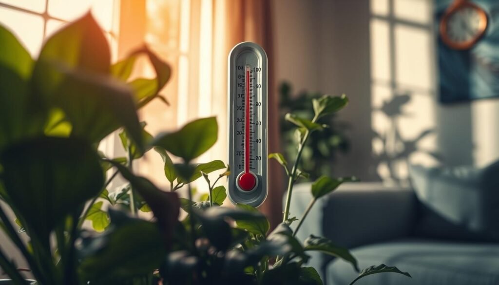 A close-up view of indoor plants showing signs of temperature stress, with wilted leaves and drooping stems in the foreground. Surround them with a warm ambient light that fades to cooler tones in the background, depicting a transitioning temperature environment. The midsection features a thermometer with fluctuating readings, symbolizing sudden temperature changes. The setting is a cozy room with a sunlit window on one side, allowing natural light to filter in, while the other side has a chillier ambiance with shadows cast by the furniture. The mood evokes tension and uncertainty, illustrating the impact of temperature fluctuations on plant health. Capture this in a slightly blurred background to emphasize the plants' distress.