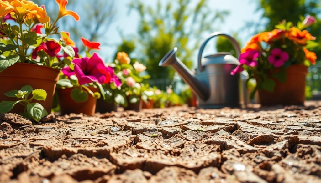 A close-up view of parched summer soil, cracked and dry from intense heat, showcasing various textures and shades of brown. In the foreground, vibrant potted flowers, such as petunias and geraniums, struggle against the drought, their leaves slightly curled. The middle ground features a watering can, indicating the need for hydration, with droplets of water glistening in the bright sunlight. The background shows a sun-drenched garden setting, with soft focus greenery and a bright blue sky, creating a warm, inviting atmosphere. The lighting is bright and natural, capturing the essence of a sweltering June day. The scene evokes a sense of urgency for indoor flower care during the summer heat.