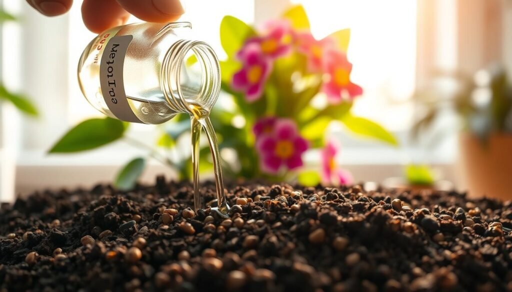 A close-up view of rich, dark soil mixed with tiny, round mosquito bits, that appear as small brown pellets, scattered throughout the soil. In the foreground, a hand pours a clear liquid labeled as “Mosquito Bit Tea” from a small, clear glass bottle onto the soil, demonstrating the drenching process. The middle ground features vibrant indoor flowers with lush green leaves affected by leaf spots, subtly positioned behind the soil. The background is softly blurred, showcasing a warm, cozy indoor plant environment with natural daylight streaming through a window, casting gentle shadows. The mood is tranquil and nurturing, emphasizing the importance of indoor plant care. Ideal lighting is bright and natural, enhancing the colors of the flowers and soil.