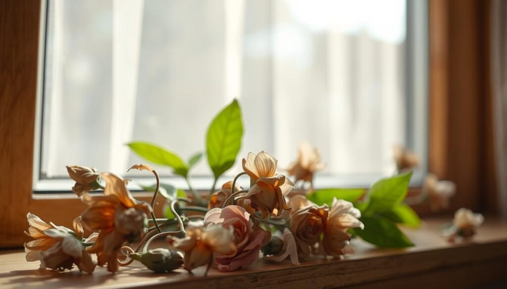 A close-up view of spent flowering plants, showcasing wilted petals and fading colors, resting on a wooden windowsill. In the foreground, dried blossoms in shades of brown and soft pink, their edges curling, create a sense of fragility. The middle ground features a few green leaves, still vibrant and healthy, hinting at the potential for new growth. In the background, soft natural light filters through sheer curtains, casting a gentle glow and creating delicate shadows. The atmosphere is tranquil and contemplative, evoking a feeling of care and attention towards plant maintenance. Shot with a 50mm lens, with a shallow depth of field to emphasize the detail of the spent flowers while softly blurring the background for a painterly effect.