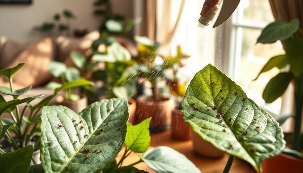 A close-up view of spider mites on lush indoor plants, highlighting several infested leaves with visible tiny, reddish-brown spider mites scattered on the foliage. In the foreground, focus on a healthy green leaf being misted with an organic insecticidal spray. The middle ground features a variety of potted indoor plants displaying signs of spider mite damage, such as stippling and webbing, set against a softly blurred, warm-toned living room background. Natural daylight filters through a nearby window, casting gentle shadows that create a serene atmosphere. The composition should evoke a sense of urgency yet hope, emphasizing effective treatment methods for plant care.