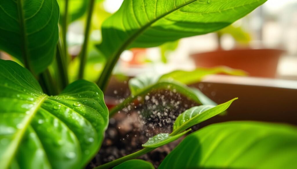 A close-up view of vibrant green indoor plant leaves, glistening after being sprayed with neem oil, showcasing the fine droplets clinging to the foliage. In the foreground, emphasize the detailed vein patterns and textures of the leaves, capturing their healthy sheen. The middle ground should feature a soft focus on a delicate mist settling on the surrounding soil, giving an impression of care and attention. The background fades gently, with hints of softly blurred light filtering through a window, creating a warm, inviting atmosphere. The lighting is bright but diffused, simulating a natural indoor setting. The overall mood conveys nurturing and the importance of plant care, ideal for illustrating indoor gardening practices.
