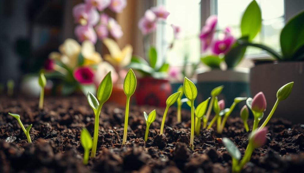 A close-up view of vibrant new growth on a variety of indoor flowering plants, showcasing their freshly sprouted leaves and colorful buds. In the foreground, focus on delicate green shoots emerging from rich, dark soil, with a few leaves glistening as if kissed by morning dew. The middle ground reveals an array of flowering plants, such as African violets and orchids, each in decorative pots. The background features a softly blurred window with soft, natural light streaming in, creating a warm and inviting atmosphere. This composition captures the essence of healthy, thriving plants, symbolizing careful nurturing and the joy of indoor gardening. The overall mood is serene and uplifting, perfect for inspiring beginner gardeners.