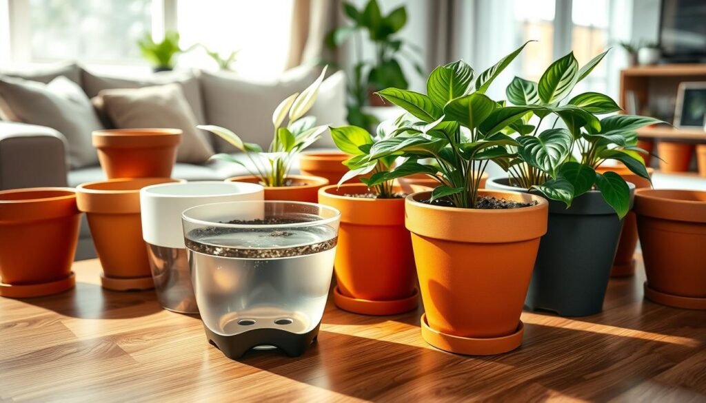 A collection of various plant pots arranged thoughtfully on a wooden surface, showcasing a variety of styles and materials, such as terracotta, ceramic, and plastic. In the foreground, a beautifully designed self-watering pot with a transparent reservoir, filled with vibrant indoor flowers like peace lilies and pothos. The middle ground features a mix of traditional pots, highlighting their drainage holes and soil texture. In the background, a soft-focus living room environment with natural light streaming in through a window, creating a warm and inviting atmosphere. The scene is enhanced by gentle shadows for depth and clarity, while a slight overhead angle captures all elements harmoniously. Ideal for illustrating a comparison of plant pots.
