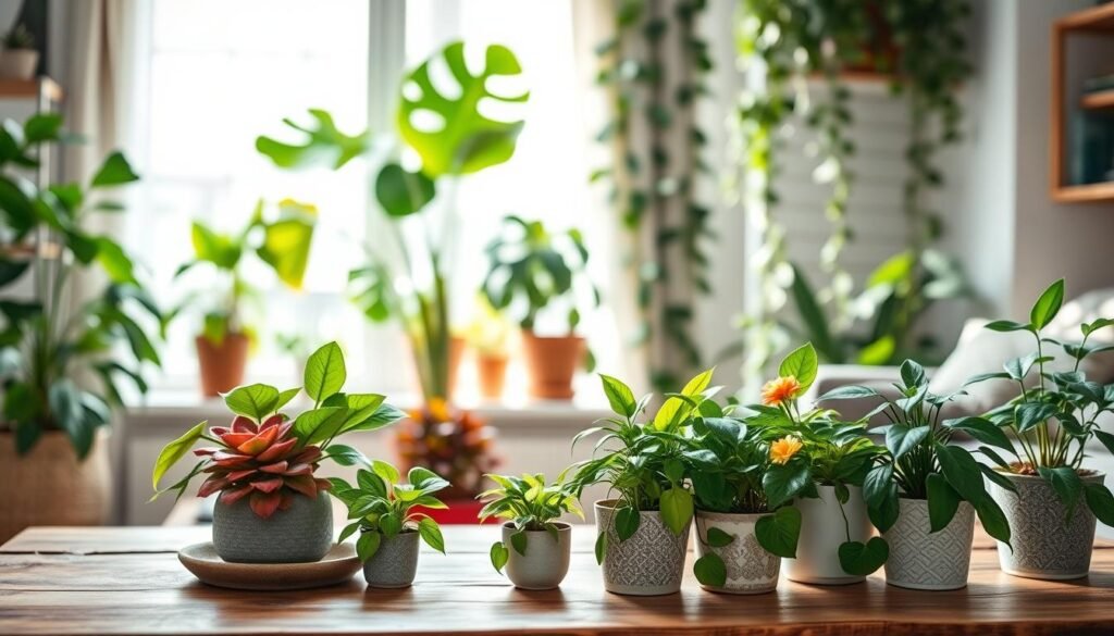 A cozy indoor living space featuring a variety of houseplants in quarantine. In the foreground, a vibrant assortment of new plants sits on a rustic wooden table, each one in its own decorative pot, with lush green leaves and a few colorful blooms. The middle ground showcases an inviting window scene, soft natural light streaming in, highlighting a large, healthy monstera and trailing ivy. In the background, a gentle blur of existing houseplants adds depth, hinting at the need for protection. The atmosphere is serene and nurturing, evoking a sense of care and attention for both new and established plants. A close-up perspective with a soft focus on the new arrivals enhances the mood, creating a tranquil space perfect for plant lovers.