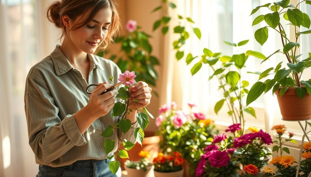 A cozy indoor setting showcasing a sunny corner filled with vibrant indoor flowering plants. In the foreground, a person in modest casual clothing carefully prunes a flowering plant, using precision scissors. Their focused expression highlights the importance of proper plant care. In the middle ground, an arrangement of colorful potted flowers reveals varying stages of growth, leaves glistening in natural sunlight. The background features a warm, softly lit room with light filtering through sheer curtains, casting gentle shadows. Emphasize a tranquil and nurturing atmosphere, celebrating the beauty of indoor gardening while showcasing the significance of pruning for plant health. Use soft, diffused lighting to enhance the serene mood.