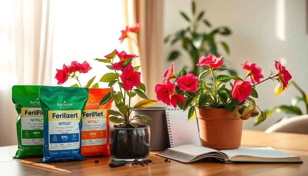 A cozy indoor setting with a well-lit table showcasing various types of houseplant fertilizers. In the foreground, several colorful fertilizer bags, labeled with NPK ratios, are neatly arranged beside a thriving flowering plant, displaying vibrant blooms in rich colors. The middle ground features a potted plant with freshly watered soil, next to a small gardening notebook filled with notes on plant care. In the background, soft sunlight filters through a window adorned with sheer curtains, casting a warm glow throughout the room. The atmosphere is inviting and educational, emphasizing natural beauty and care for indoor plants. Shot with a soft focus lens at eye level to enhance the details of both the fertilizers and the flourishing plant. A cozy indoor setting with a well-lit table showcasing various types of houseplant fertilizers. In the foreground, several colorful fertilizer bags, labeled with NPK ratios, are neatly arranged beside a thriving flowering plant, displaying vibrant blooms in rich colors. The middle ground features a potted plant with freshly watered soil, next to a small gardening notebook filled with notes on plant care. In the background, soft sunlight filters through a window adorned with sheer curtains, casting a warm glow throughout the room. The atmosphere is inviting and educational, emphasizing natural beauty and care for indoor plants. Shot with a soft focus lens at eye level to enhance the details of both the fertilizers and the flourishing plant.