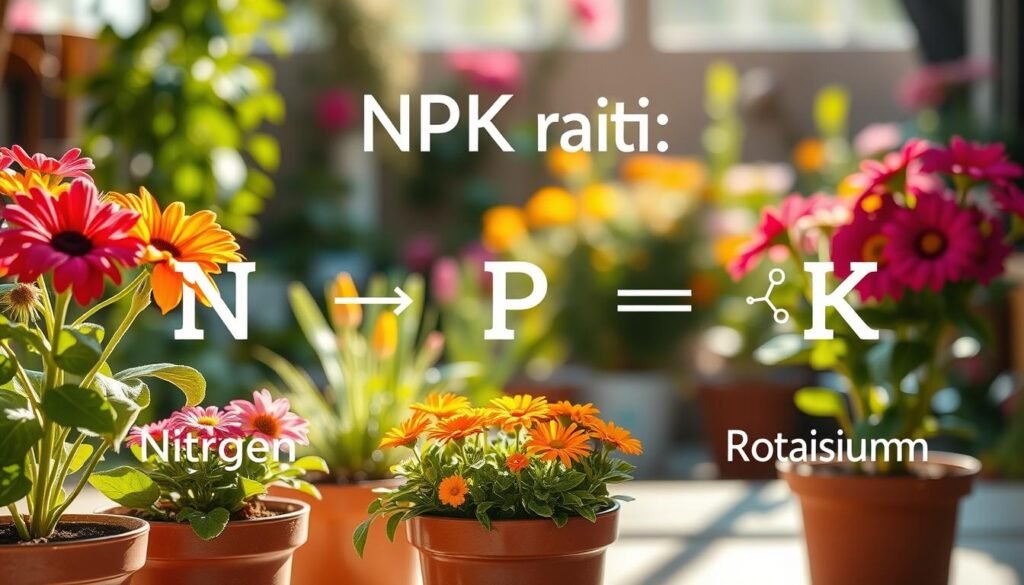 A detailed infographic illustrating the NPK ratio of nitrogen, phosphorus, and potassium for indoor flowering plants. In the foreground, showcase vibrant potted plants with colorful flowers, clearly labeled as nitrogen (N), phosphorus (P), and potassium (K) using symbols or graphics. In the middle, include stylized nutrient icons and molecular structures representing each element. The background should feature a softly blurred garden setting with sunlight filtering through, creating a warm, inviting atmosphere. Use natural lighting to enhance the colors of the plants and nutrients. The angle should be slightly elevated, providing a clear view of the elements without text or distractions, emphasizing the theme of nurturing blooms through balanced fertilization. A detailed infographic illustrating the NPK ratio of nitrogen, phosphorus, and potassium for indoor flowering plants. In the foreground, showcase vibrant potted plants with colorful flowers, clearly labeled as nitrogen (N), phosphorus (P), and potassium (K) using symbols or graphics. In the middle, include stylized nutrient icons and molecular structures representing each element. The background should feature a softly blurred garden setting with sunlight filtering through, creating a warm, inviting atmosphere. Use natural lighting to enhance the colors of the plants and nutrients. The angle should be slightly elevated, providing a clear view of the elements without text or distractions, emphasizing the theme of nurturing blooms through balanced fertilization.
