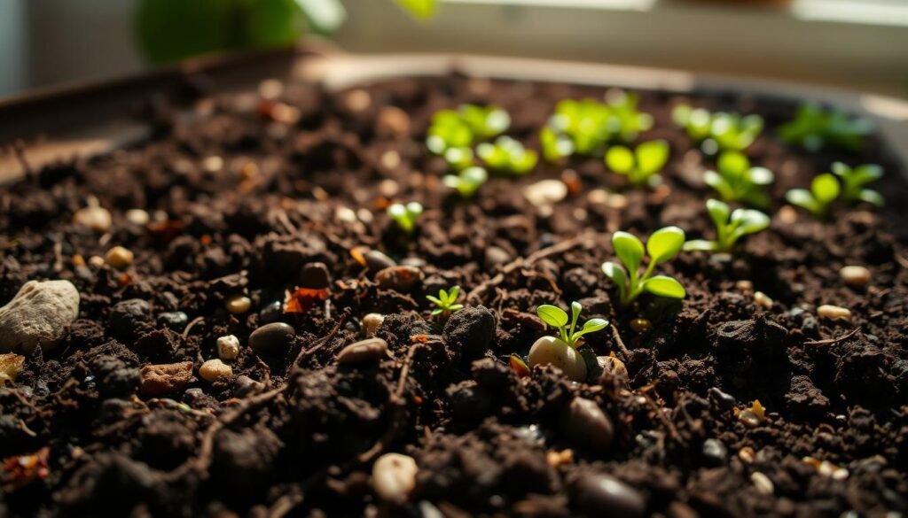 A detailed view of a rich soil surface, showcasing various textures and organic materials. In the foreground, dark, moist soil is intertwined with small roots, pebbles, and moist organic matter, emphasizing its health and fertility. The middle ground features patches of bright green microgreens or small plants, demonstrating the potential for growth. In the background, soft, diffused sunlight streams in, casting gentle shadows, creating a warm, inviting atmosphere. The scene is captured with a macro lens to highlight the intricate details of the soil composition, while the focus remains sharp on the foreground. The overall mood is nurturing and vibrant, evoking a sense of life and possibility in indoor plant care without any distractions.
