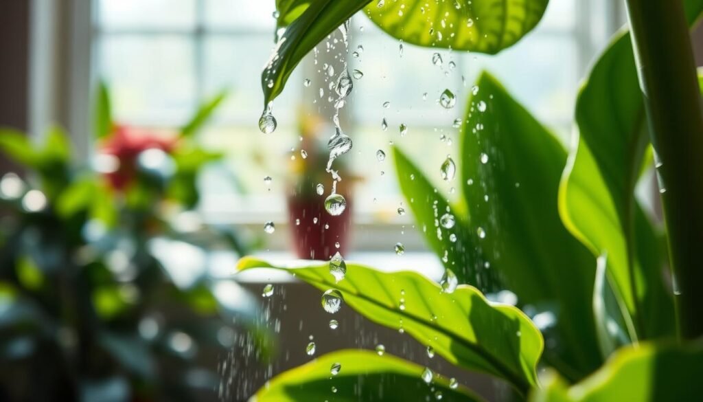 A dynamic close-up of hard water sprays, showcasing their delicate droplets shimmering in natural light. In the foreground, focus on intricate water droplets cascading from a vibrant, healthy indoor plant leaf, capturing the moment of contact with the leaf’s surface. The middle ground features a blurred effect of the indoor setting, with hints of green foliage and subtle shadows adding depth. In the background, soft light filters through a window, creating a warm, inviting ambiance. The composition should evoke a sense of freshness and vitality, emphasizing the effectiveness of water treatments against spider mites. The color palette should be rich with greens and blues, enhancing the lushness of the plant life.