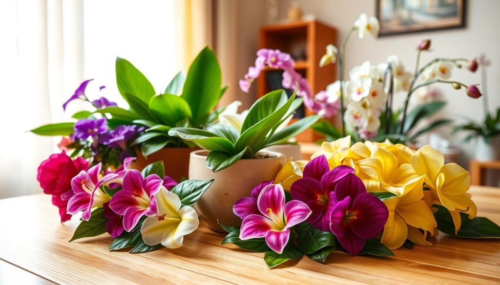 A peaceful indoor scene showcasing a variety of lush flowering plants, such as African violets, peace lilies, and orchids, arranged artistically on a bright, wooden table. The foreground features close-ups of vibrant blooms, showcasing their rich colors and delicate textures. In the middle, a couple of ceramic pots with healthy green leaves are nestled among the flowers, subtly hinting at the importance of proper fertilization. The background consists of a softly lit window with sheer curtains, allowing warm natural light to filter through, enhancing the serene atmosphere. The scene conveys a sense of tranquility and care for these plants, emphasizing their needs for nurturing and attention. The composition is shot at a slight angle to create depth, capturing the essence of a welcoming indoor garden space. A peaceful indoor scene showcasing a variety of lush flowering plants, such as African violets, peace lilies, and orchids, arranged artistically on a bright, wooden table. The foreground features close-ups of vibrant blooms, showcasing their rich colors and delicate textures. In the middle, a couple of ceramic pots with healthy green leaves are nestled among the flowers, subtly hinting at the importance of proper fertilization. The background consists of a softly lit window with sheer curtains, allowing warm natural light to filter through, enhancing the serene atmosphere. The scene conveys a sense of tranquility and care for these plants, emphasizing their needs for nurturing and attention. The composition is shot at a slight angle to create depth, capturing the essence of a welcoming indoor garden space.