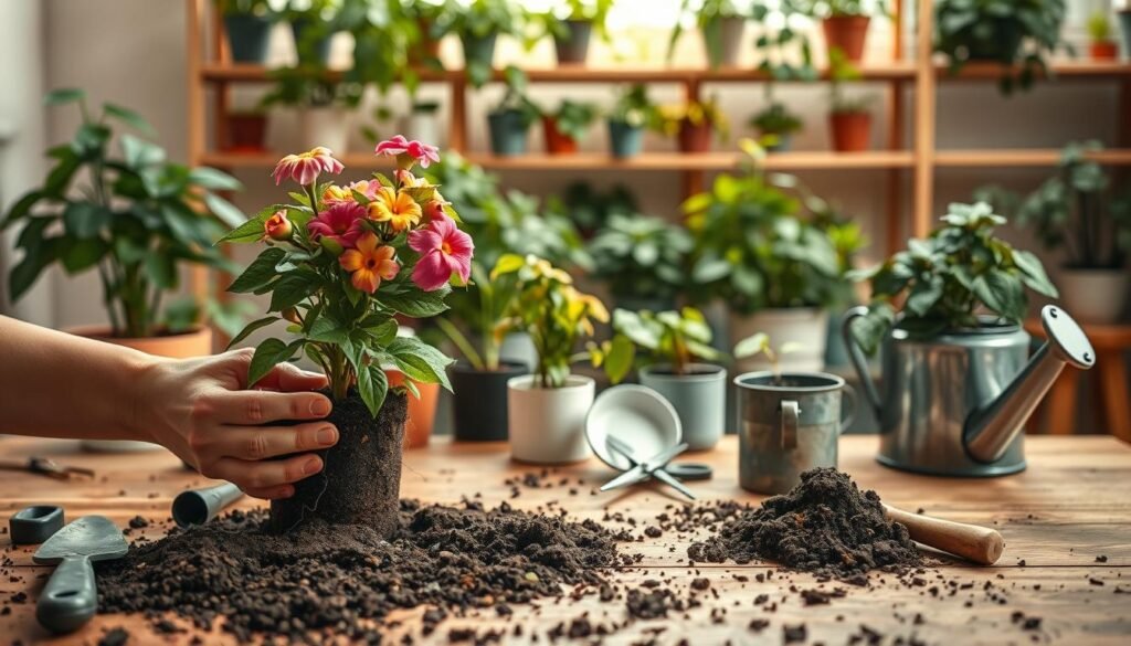 A serene and inviting indoor scene depicting a potting station set against a warm, softly lit background. In the foreground, a pair of hands gently repotting a vibrant flowering plant, demonstrating a careful and nurturing touch. The potting soil is rich and dark, with small roots exposed. Scattered tools like a small trowel, pruning scissors, and a watering can add to the atmosphere of care. In the middle ground, various potted plants in varying stages of growth show signs of minor stress, such as droopy leaves or yellowing edges, symbolizing the 'shock' factor from repotting. The background features soft-focus shelves filled with thriving greenery, creating a calming, homey environment. The lighting is natural and diffused, casting gentle shadows that enhance the comforting mood.