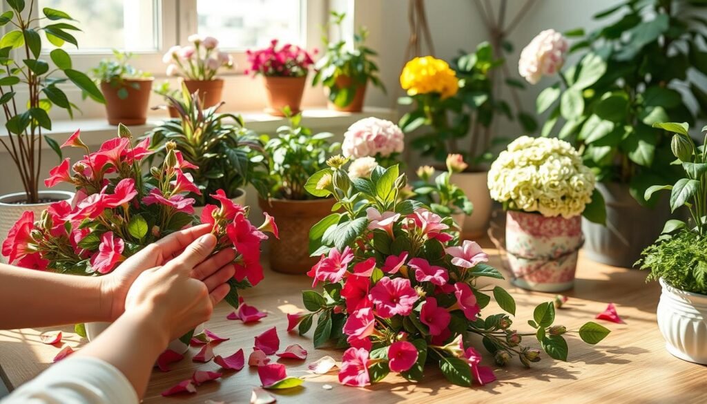 A serene indoor garden scene showcasing different deadheading methods for various plant types. In the foreground, a pair of hands gently deadheading vibrant soft-stemmed flowers such as geraniums and petunias, with petals scattered around. In the middle, woody-stemmed plants like roses and hydrangeas are depicted, highlighting techniques involving pruning shears. The background features an assortment of plants in decorative pots, with sunlight streaming in through a window, casting soft shadows. Use a warm color palette to evoke a peaceful, nurturing atmosphere, and ensure the scene conveys a sense of care and attention. The image is brightly lit, with a slightly blurred background to emphasize the plants and deadheading methods in focus. A serene indoor garden scene showcasing different deadheading methods for various plant types. In the foreground, a pair of hands gently deadheading vibrant soft-stemmed flowers such as geraniums and petunias, with petals scattered around. In the middle, woody-stemmed plants like roses and hydrangeas are depicted, highlighting techniques involving pruning shears. The background features an assortment of plants in decorative pots, with sunlight streaming in through a window, casting soft shadows. Use a warm color palette to evoke a peaceful, nurturing atmosphere, and ensure the scene conveys a sense of care and attention. The image is brightly lit, with a slightly blurred background to emphasize the plants and deadheading methods in focus.