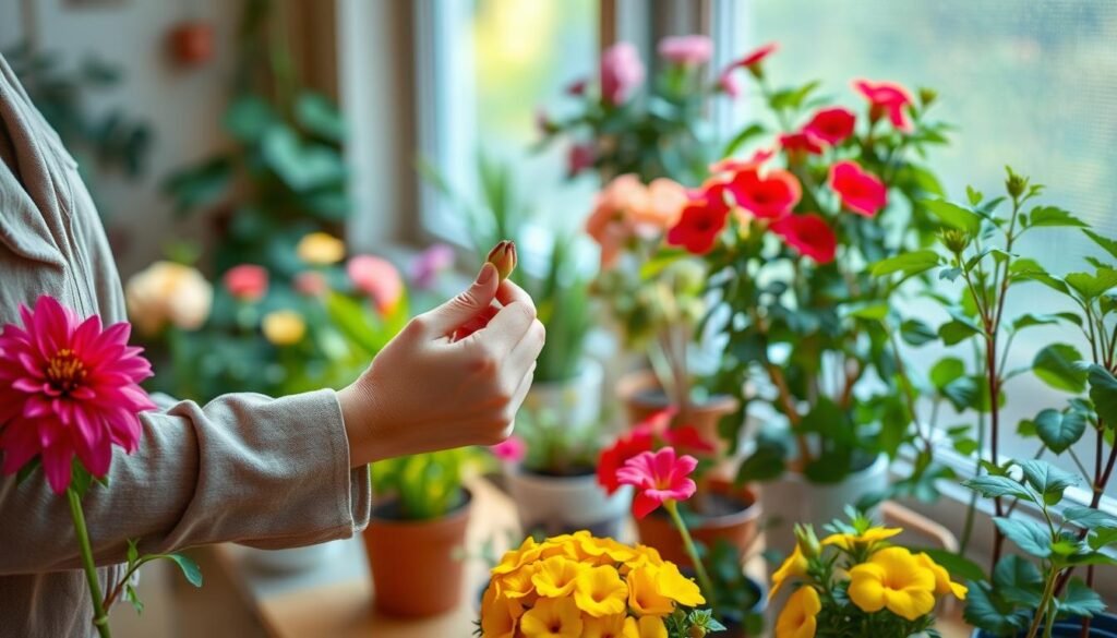 A serene indoor gardening scene featuring a person gently deadheading vibrant potted flowers, such as dahlias and petunias. In the foreground, the individual, dressed in modest casual clothing, attentively pinches off spent blooms, demonstrating proper technique. Their hands are delicately engaged with the plants, showcasing a connection to nature. The middle ground includes a variety of flower pots in different sizes and shapes, with lush green foliage and bright blossoms. The background features a softly lit window, streaming warm natural light that enhances the colors of the flowers. The atmosphere is calm and nurturing, emphasizing the joy of plant care and promoting a sense of tranquility in an indoor gardening setting. A serene indoor gardening scene featuring a person gently deadheading vibrant potted flowers, such as dahlias and petunias. In the foreground, the individual, dressed in modest casual clothing, attentively pinches off spent blooms, demonstrating proper technique. Their hands are delicately engaged with the plants, showcasing a connection to nature. The middle ground includes a variety of flower pots in different sizes and shapes, with lush green foliage and bright blossoms. The background features a softly lit window, streaming warm natural light that enhances the colors of the flowers. The atmosphere is calm and nurturing, emphasizing the joy of plant care and promoting a sense of tranquility in an indoor gardening setting.