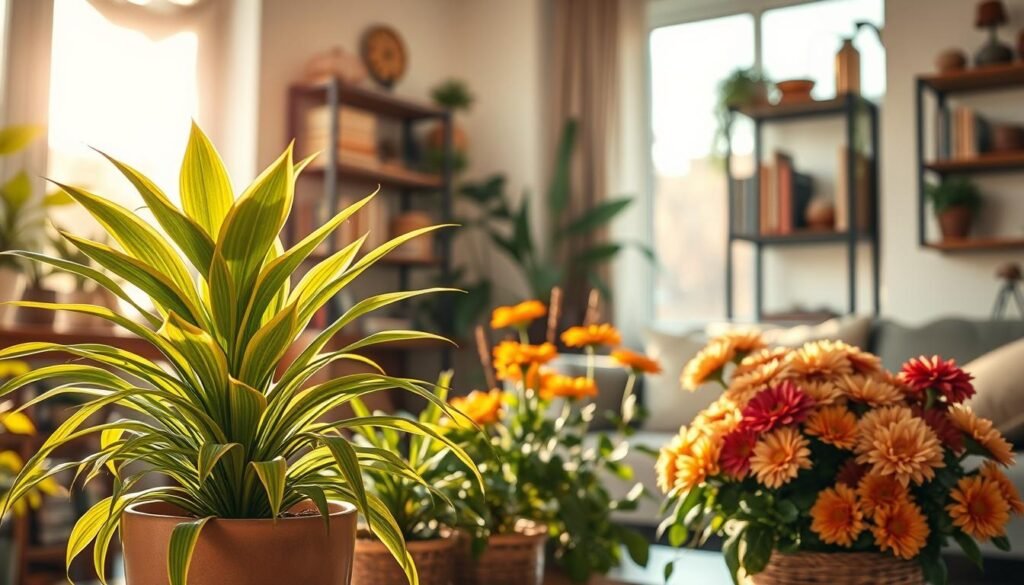 A serene indoor scene showcasing the essence of September fall growth, featuring a variety of houseplants transitioning into autumn. In the foreground, a lush spider plant with vibrant green and yellow leaves sits in a ceramic pot, alongside a carefully arranged clustering of chrysanthemums in warm hues. In the middle ground, a large window filters soft, golden daylight, casting gentle shadows and highlighting the plants' textures. The background reveals a cozy living space adorned with earthy decor, such as wooden shelves filled with books and small rustic accents. The atmosphere is calm and inviting, evoking a sense of seasonal transition. Capture this with a soft focus lens to enhance warmth, with a natural light setting to emphasize the plant's healthy blooms and lush foliage.