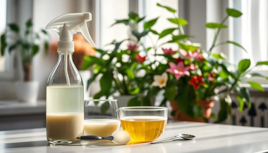 A serene indoor setting showcasing a well-lit kitchen counter as the foreground, where a glass spray bottle filled with a pale green neem oil solution stands next to a small bowl of neem oil. Tools for mixing—like a measuring cup and a spoon—are neatly arranged nearby. In the middle ground, a vibrant assortment of indoor flowers, including peace lilies and spider plants, thrive on the counter, their leaves lush and green, hinting at their need for attention. The background features soft, natural light streaming through a window, creating a warm, inviting atmosphere. The overall mood is calm and nurturing, ideal for plant care. The camera angle is slightly elevated, capturing a balanced view of the entire scene with a focus on the mixing process.