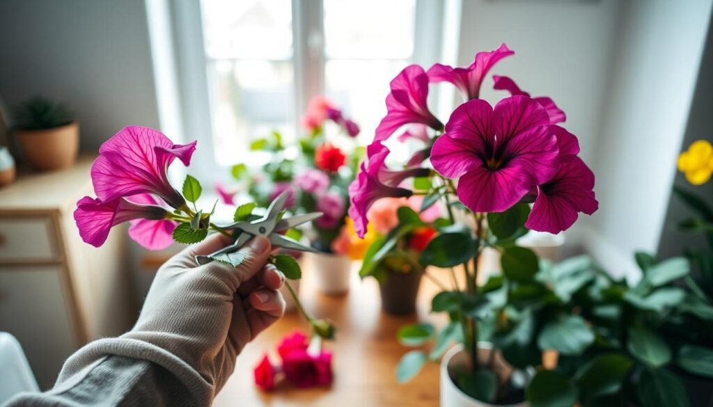 A serene indoor setting with a bright window allowing soft, natural light to filter in. In the foreground, a pair of hands, dressed in modest, casual gardening gloves, delicately deadheading a vibrant petunia plant. The flowers have vivid pink and purple hues, partially wilting petals being carefully snipped away with small pruning shears. In the middle, a lush array of indoor flowers on a wooden table, showcasing a variety of colors and species, creating a lively yet calming atmosphere. The background includes green leaves and a hint of decorative potted plants, emphasizing the indoor gardening theme. The composition captures a tranquil moment, highlighting the care and technique involved in deadheading flowers, with a focus on detail and nurturing. A serene indoor setting with a bright window allowing soft, natural light to filter in. In the foreground, a pair of hands, dressed in modest, casual gardening gloves, delicately deadheading a vibrant petunia plant. The flowers have vivid pink and purple hues, partially wilting petals being carefully snipped away with small pruning shears. In the middle, a lush array of indoor flowers on a wooden table, showcasing a variety of colors and species, creating a lively yet calming atmosphere. The background includes green leaves and a hint of decorative potted plants, emphasizing the indoor gardening theme. The composition captures a tranquil moment, highlighting the care and technique involved in deadheading flowers, with a focus on detail and nurturing.