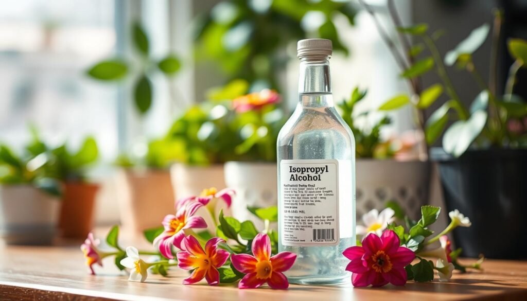 A small, clear bottle of isopropyl alcohol sits prominently in the foreground, glistening under soft, natural lighting. The label on the bottle is simple yet professional, displaying the standard safety information. Surrounding the bottle are delicate indoor flowers, showcasing vibrant greens and colorful petals, slightly blurred to emphasize the focus on the alcohol. In the background, a well-lit indoor garden scene features potted plants with healthy foliage, hinting at a tranquil environment. The overall atmosphere is clean and fresh, evoking a sense of care and precision in plant maintenance. Shot with a shallow depth of field, this composition accentuates the essential role of isopropyl alcohol in quick, effective plant care.