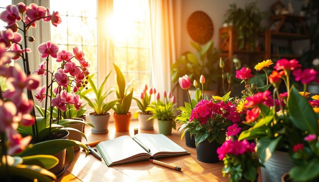 A vibrant indoor scene depicting the essence of a growing season in March. In the foreground, a lush array of potted flowers in various stages of bloom, including blooming orchids, budding tulips, and vivid geraniums, showcasing their vivid colors and textures. The middle ground features a wooden table adorned with gardening tools and an open notebook, suggesting a new routine for care and monitoring. In the background, a sunlit window casts warm, golden rays, illuminating the green leaves and creating a cheerful atmosphere. The overall mood is fresh and invigorating, evoking feelings of renewal and growth, captured with a soft focus lens at an eye-level angle to emphasize the beauty of indoor gardening.
