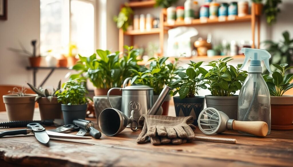 A well-organized assortment of plant care tools is laid out on a rustic wooden table, emphasized in the foreground to capture attention. Include essential tools like a pair of sharp pruning shears, a small hand trowel, a watering can with a spout, soil gloves, and a plant mister, each showcasing fine details and textures. In the middle ground, lush green houseplants in decorative pots bring life and color, enhancing the theme of indoor gardening. In the background, a softly blurred shelf filled with additional plant care items like fertilizers and seeds creates depth. Warm, natural lighting filters in from a nearby window, casting gentle shadows that evoke a cozy atmosphere, inviting beginners to engage with plant care confidently.