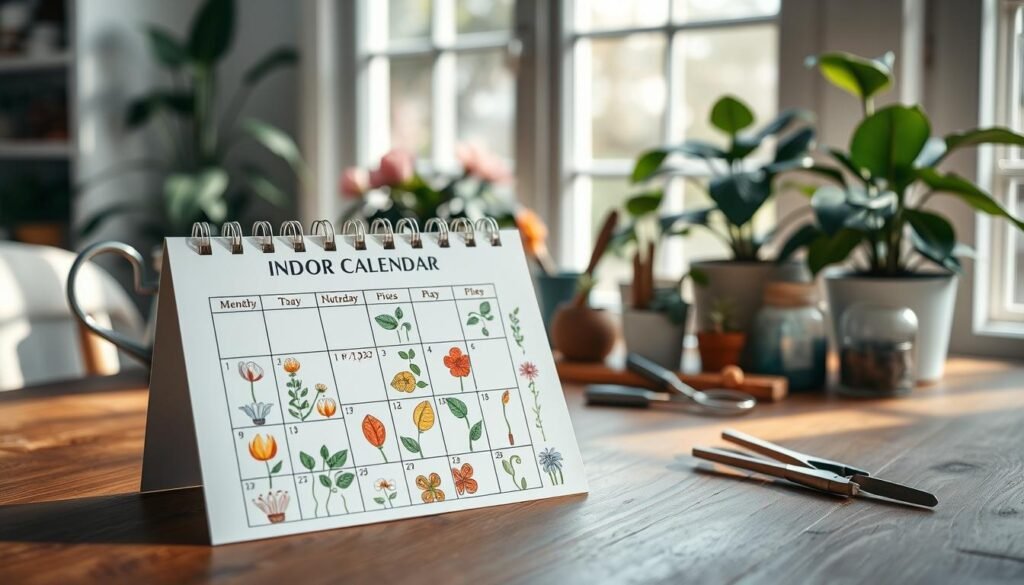 An artistic and well-organized indoor plant care calendar checklist displayed on a wooden table. The foreground features a beautifully illustrated monthly calendar with vibrant hand-drawn images of various indoor plants, such as peace lilies and pothos, each with additional icons indicating care tasks like watering, fertilizing, and repotting. The middle ground includes gardening tools such as a watering can, pruning shears, and plant food, arranged neatly for easy access. In the background, soft natural light filters through a large window, casting gentle shadows and creating an inviting atmosphere. The overall mood is serene and nurturing, emphasizing the beauty and importance of indoor plant care in maintaining healthy blooms. The composition should have a slightly blurred depth of field to focus attention on the checklist.