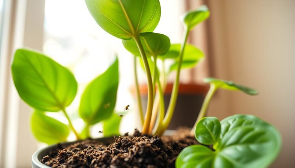 An indoor plant scene focusing on a potted flower with vibrant green leaves showing signs of stress from fungus gnats infestation. In the foreground, a close-up of the soil with visible small flies hovering around, alongside a sticky trap catching these pests. In the middle ground, the healthy top leaves of the plant contrast with the unhealthy, elongated stems that signal leggy growth. The background features a softly blurred window, allowing gentle sunlight to illuminate the room and create a warm and inviting atmosphere. The lighting is soft and natural, enhancing the textures of the leaves and soil. The mood is educational and encouraging, illustrating a common issue in indoor gardening with an effective solution in sight. No text or markings, solely the visual narrative.