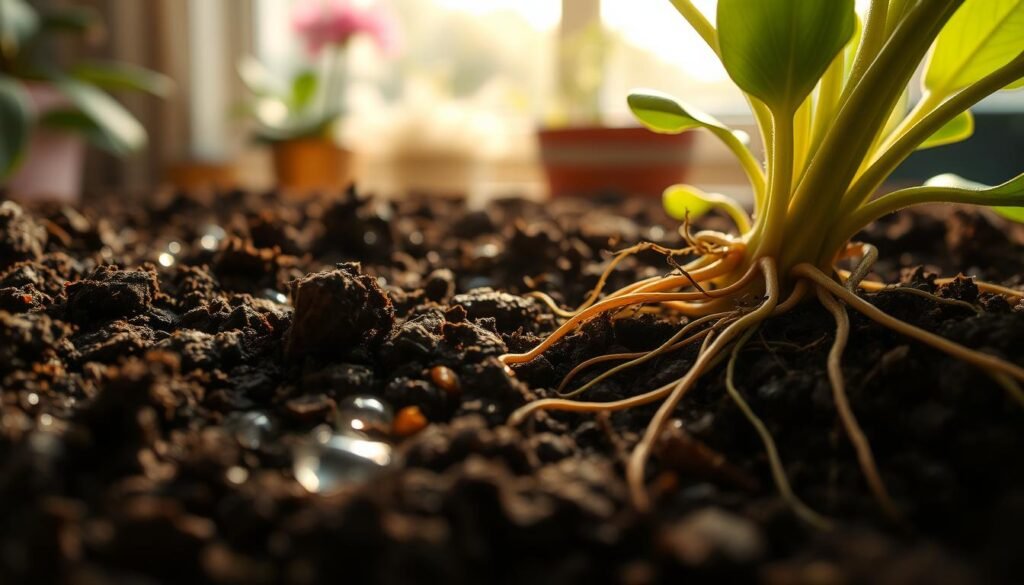 Close-up of rich, dark soil showcasing varying levels of moisture, with glistening droplets on the surface reflecting soft, natural light. In the foreground, delicate roots of an indoor flower plant are partially visible, entwined within the moist soil, highlighting stress due to uneven watering. The middle ground features the vibrant green foliage of the flower plant, with a few wilting leaves to illustrate the effects of poor moisture management. In the background, a blurred view of a sunny indoor garden setting can be seen, with gentle, diffused sunlight filtering through a window. The atmosphere is calm and educational, inviting viewers to consider the importance of proper watering for indoor plants. Use a slightly tilted top-down angle to enhance detail in the soil and roots, emphasizing depth and texture.