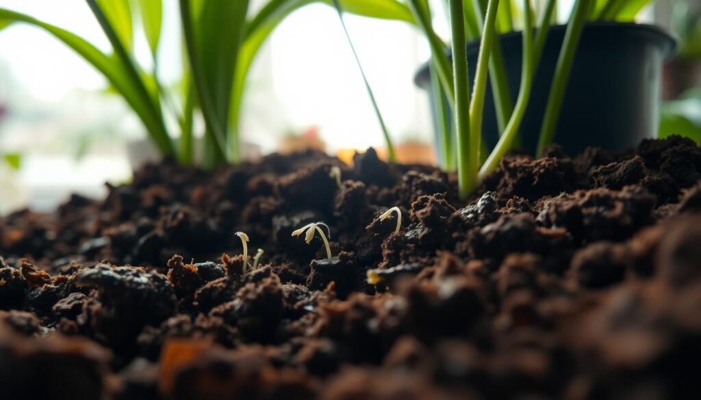 Moist, dark brown soil, rich with organic matter, fills the foreground of the image, glistening slightly to show high moisture content. Tiny sprouting roots and delicate white fungus gnat larvae can be subtly visible within the soil's surface, indicating a healthy yet troubled environment. In the middle ground, soft, green leaves of indoor plants, slightly drooping with stretched growth, reach towards soft, diffuse natural lighting filtering through a nearby window. The background features a blurred view of a cozy indoor setting, hinting at a nurturing home atmosphere. The overall mood is one of concern and intrigue, highlighting the delicate balance of indoor plant care. The perspective is at a slight angle, capturing both the soil and the plants, evoking a sense of intimacy with nature.