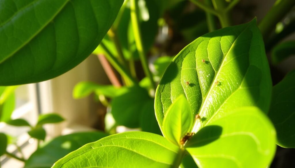 Vibrant green leaves with a textured surface, showcasing fine details such as tiny, reddish spider mites clustered on the underside, contrasting against the smooth surface of the healthy leaves. Foreground features include a close-up view of a few leaves with crisp edges, illuminated by soft, natural sunlight filtering through a nearby window, creating gentle shadows. In the middle ground, there are subtle hints of other leaf types, showcasing healthy foliage to emphasize contrast. The background is slightly blurred, suggesting a cozy indoor plant setting with soft, warm light enhancing the inviting atmosphere. The mood conveys a sense of curiosity and attention to detail, inviting viewers to explore the world of indoor plant care.