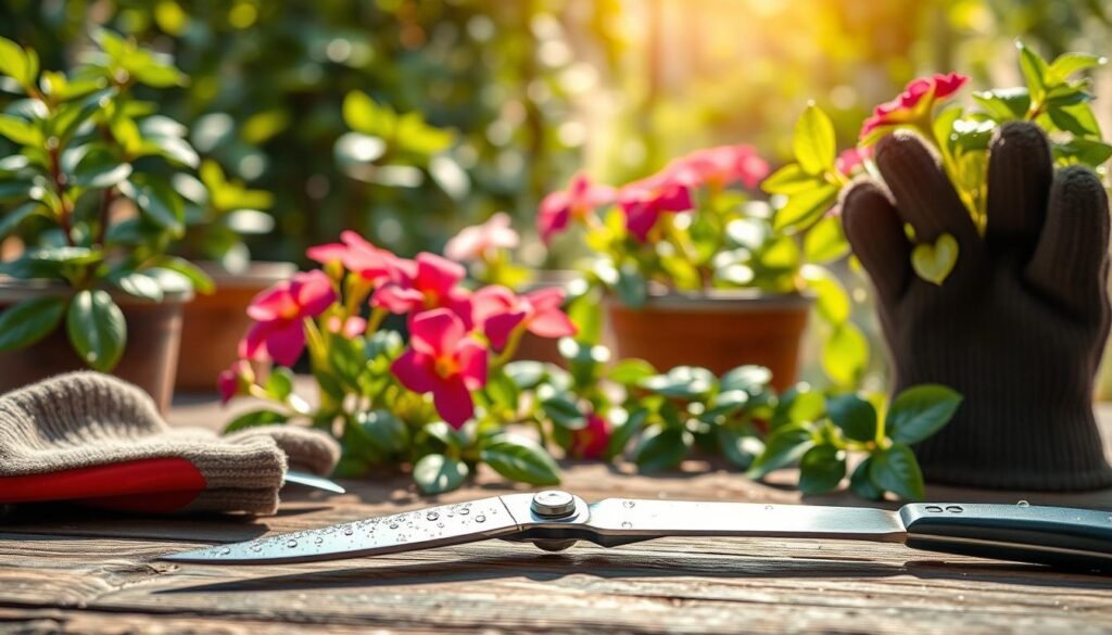 A beautifully arranged set of high-quality gardening tools for clean cuts, featuring sharp pruning shears, a precision knife, and a pair of gloves, all placed on a rustic wooden table. In the foreground, the tools glisten with dew, showcasing their usability and sharpness. In the middle ground, there are vibrant flowering houseplants, some cut back to promote healthy growth, highlighting the pruned areas. The background includes a soft-focus garden scene with sunlight filtering through leaves, creating a warm, inviting atmosphere. The lighting is bright yet soft, capturing the essence of a tranquil gardening space. The image should convey a sense of care and professionalism, ideal for plant enthusiasts.