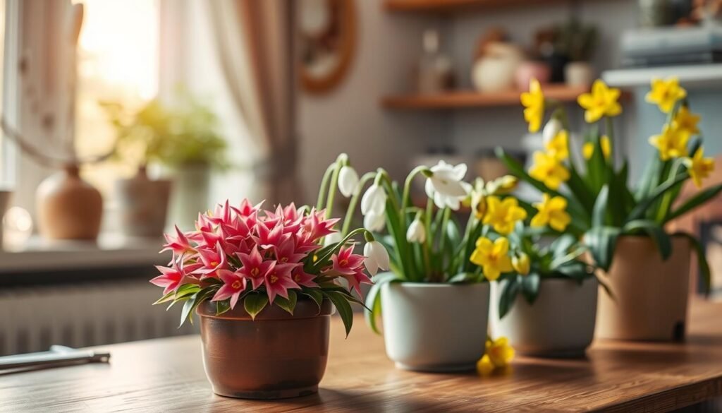 A beautifully arranged tabletop featuring low-light indoor flowers that bloom during winter and spring. In the foreground, a vibrant pot of Christmas cactus with striking pink blossoms, surrounded by delicate snowdrop flowers with their white petals open wide. Next to them, a cheerful pot of primrose displaying bright yellow flowers. The middle ground reveals a softly glowing, warm light coming from a nearby window, illuminating the flowers while casting gentle shadows. In the background, hints of winter decor fade into spring motifs, like subtle pastel colors and fresh green leaves, creating a seasonal transition. The atmosphere is cozy and inviting, suggesting a peaceful indoor space perfect for nurturing these plants. The focus is sharp on the flowers, with a soft bokeh effect for the surroundings, enhancing the feeling of tranquility.
