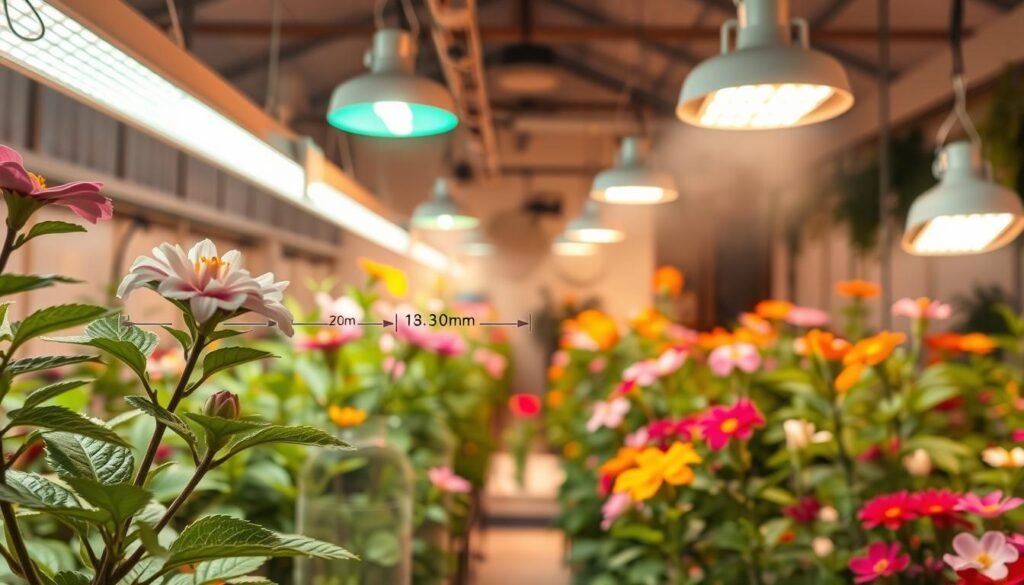 A bright indoor greenhouse filled with various flowering plants receiving light from multiple hanging grow lights. In the foreground, a close-up view of a flowering plant illustrates the optimal distance from the light source, with clear marking of the light's distance. The middle ground should showcase different angles of grow lights positioned at varying heights, casting gentle shadows. The background reveals a cozy interior ambiance with warm, soft lighting illuminating the lush greenery. A light mist is present to simulate humidity, enhancing the vibrant colors of the blossoms. The atmosphere feels nurturing and productive, reflecting the importance of proper light placement for indoor flowers.