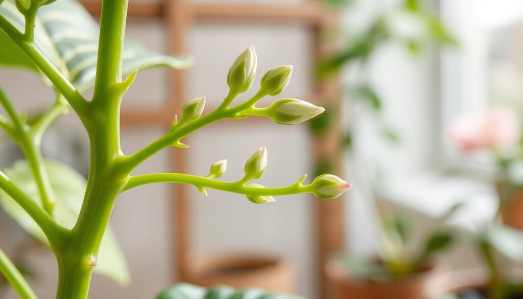 A close-up view of a flowering houseplant's stem featuring vibrant green nodes and budding flower buds, showcasing the delicate structure and texture of the stems. In the foreground, focus on well-defined nodes with fresh leaves sprouting near the buds, lit gently by soft, natural light to highlight their features. The middle of the image should display the gradual transition from the sturdy stem to the budding flowers, capturing them in various stages of development. In the background, a blurred indoor garden setting enhances the intimate atmosphere, suggesting a nurturing environment for growth. The overall mood is tranquil and encouraging, emphasizing the beauty of proper pruning techniques.
