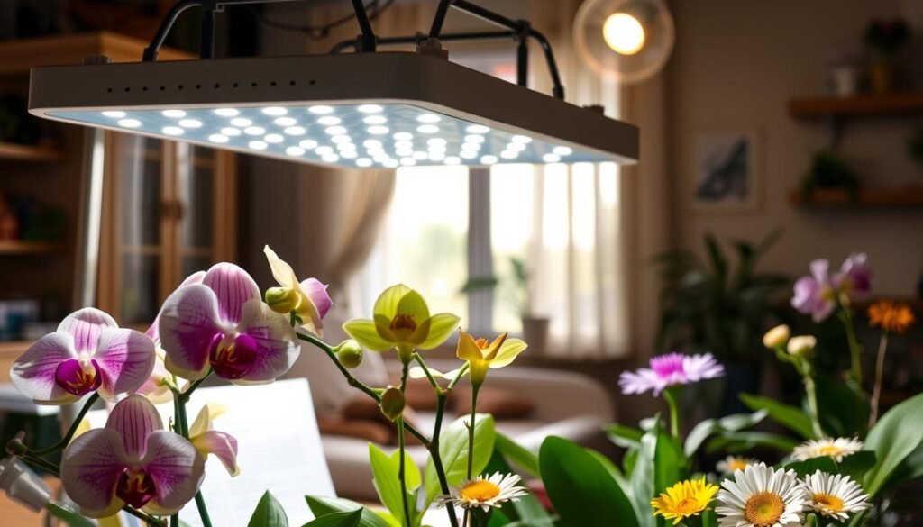 A close-up view of a grow light setup in a home environment, focusing on the glowing light above a variety of indoor flowers. In the foreground, vibrant flowers like orchids and daisies display signs of weak growth, with yellowing leaves. The middle ground features a grow light with adjustable arms, illuminating the plants, surrounded by gardening tools and a plant care guide, suggesting a troubleshooting scenario. The background shows a cozy indoor space with soft, natural light filtering through a window, creating an atmosphere of warmth and possibility. The scene conveys a sense of action and solution, illustrating the common mistakes and the care needed for successful indoor gardening.