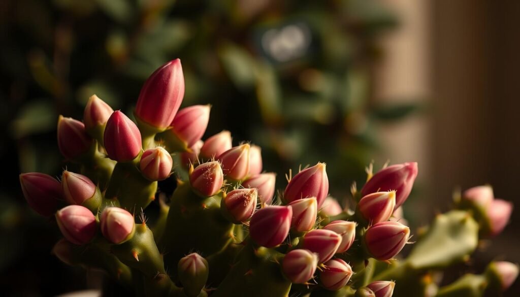 A close-up view of a holiday cactus, showcasing its vibrant winter buds in rich shades of pink and white. The foreground features a lush green cactus with plump, elongated leaves adorned with budding flowers, highlighting their delicate, intricate details. In the middle ground, a softly blurred blurred background of dark, moody greens and browns simulates a low-light indoor environment, evoking the ideal setting for these plants to thrive. The lighting is warm and gentle, mimicking the subtle glow of indoor light, casting soft shadows and enhancing the textures of the cactus. The atmosphere is calm and serene, conveying a sense of winter warmth and tranquility, perfect for illustrating a cozy indoor environment. The angle is slightly above the cactus, providing a dynamic view of both the buds and the plant's form.
