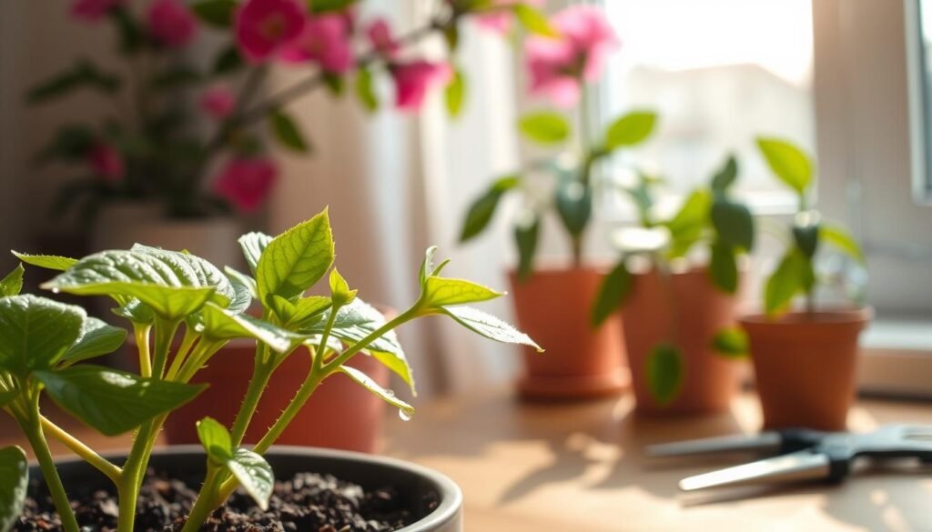 A close-up view of a vibrant indoor flowering plant, showcasing new green leaves sprouting from expertly pruned stems. In the foreground, focus on the fresh growth, with droplets of morning dew glistening on the leaves. The middle ground should detail an elegant, well-organized workspace, featuring pruning shears and a small pot of soil. In the background, soft, diffused sunlight streams through a nearby window, casting gentle shadows that enhance the fresh, lively atmosphere. The scene should evoke a sense of renewal and care, highlighting the importance of maintaining plant health for future blooms. The composition is warm and inviting, inviting the viewer to appreciate the beauty of plant growth and the art of pruning.