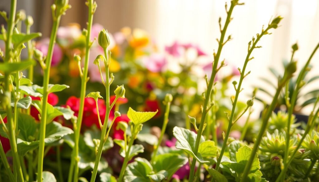 A close-up view of vibrant green spring stems, featuring a variety of flowering houseplants such as geraniums, violets, and succulents. In the foreground, freshly pruned stems with delicate leaves highlight the careful cuts made to protect future blooms. The middle ground showcases an array of colorful blossoms, subtly hinting at the potential beauty for the next season. The background includes soft-focused sunlight filtering through a light, sheer curtain, casting warm, inviting illumination that enhances the colors of the plants. The composition captures the essence of nurturing and care, evoking a mood of growth and renewal, all framed with a slight depth-of-field effect to draw the eye to the intricacies of plant life.
