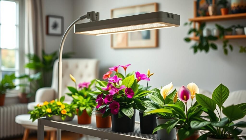 A cozy indoor scene featuring a well-lit space with various low-light flowering plants like African violets and peace lilies arranged on a stylish shelf. In the foreground, focus on a bright, modern grow light positioned above the plants, showcasing its adjustable arm and soft glow. In the middle, include vibrant, blooming flowers with lush green foliage, emphasizing their rich colors illuminated by the light. In the background, a subtle home interior enhances the atmosphere, with soft-focus elements like a comfortable chair and a window letting in natural daylight. The overall mood is warm and inviting, suggesting an easy and efficient setup for plant care. The lighting should be balanced, creating a harmonious blend of artificial grow light and natural light, capturing the essence of nurturing indoor gardening.