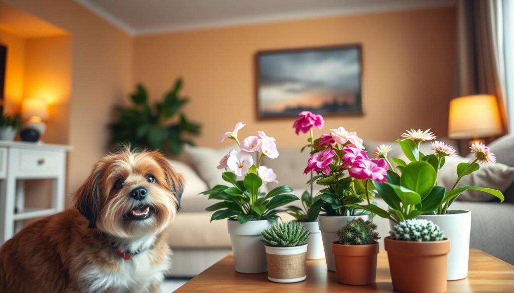 A cozy indoor setting featuring a variety of low-light houseplants, showcasing their vibrant blooms. In the foreground, a cheerful family pet, like a small dog or cat, curiously examining a non-toxic plant placed on a side table. In the middle ground, an assortment of low-light flowering plants, such as Peace Lily, African Violet, and Christmas Cactus, arranged aesthetically, highlighting their lush greenery and colorful blossoms. The background shows a softly lit living room with warm-toned walls, inviting ambient lighting, and a window filtering gentle natural light. The overall atmosphere is calm and welcoming, emphasizing safety for both pets and people. Use a softly focused lens to create a warm, inviting mood, with a focus on showcasing the beautiful and safe plant options for indoor living.